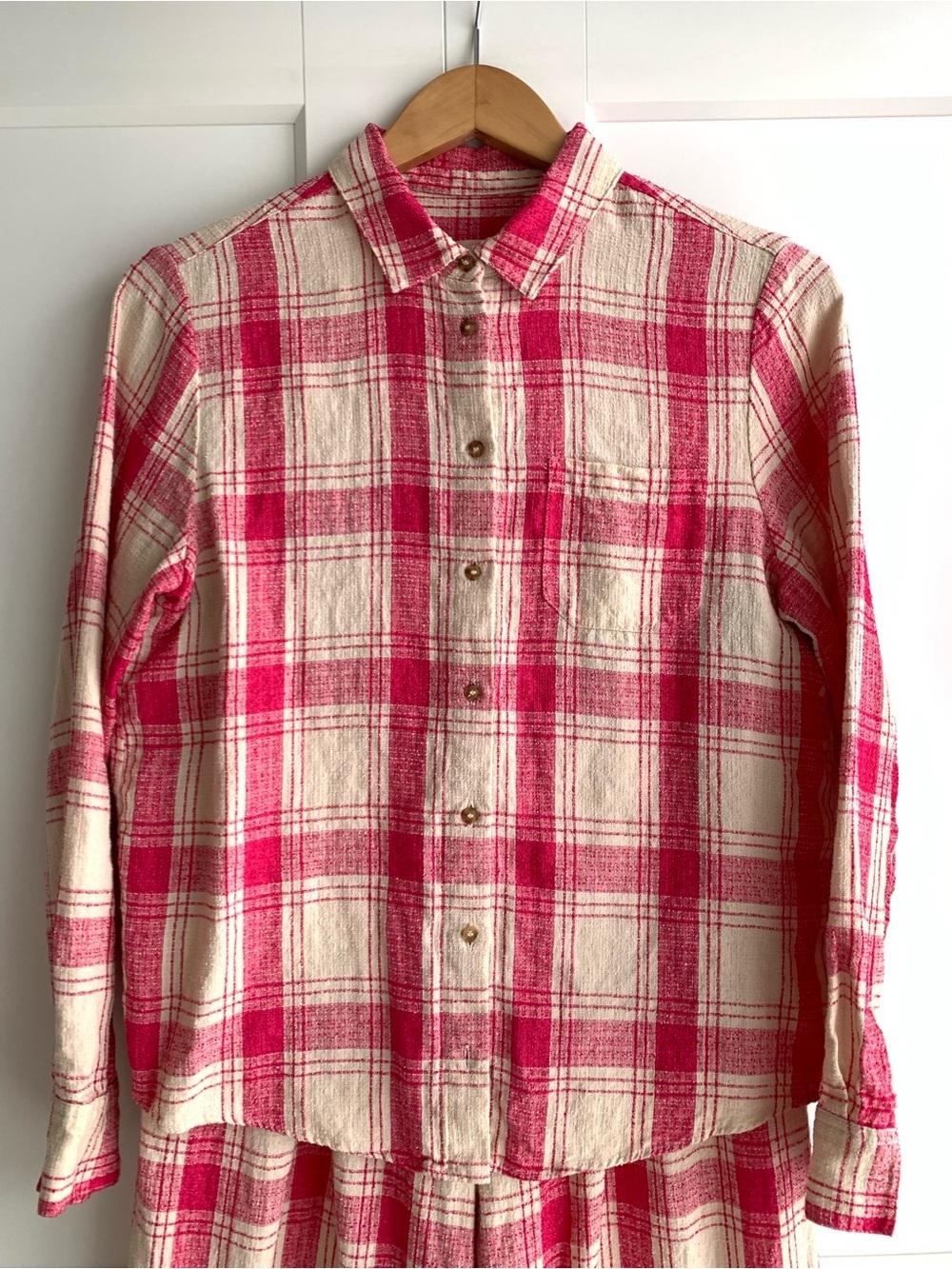 Sezane Plaid Button-Up Shirt blouse - Pink & Cream size 38 linen blended